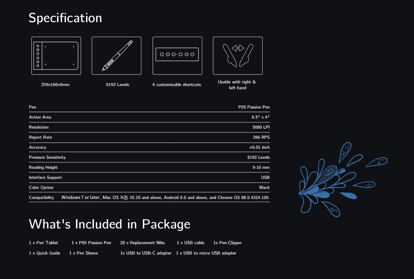 XP-Pen Star G640S kids digital drawing pad Specification