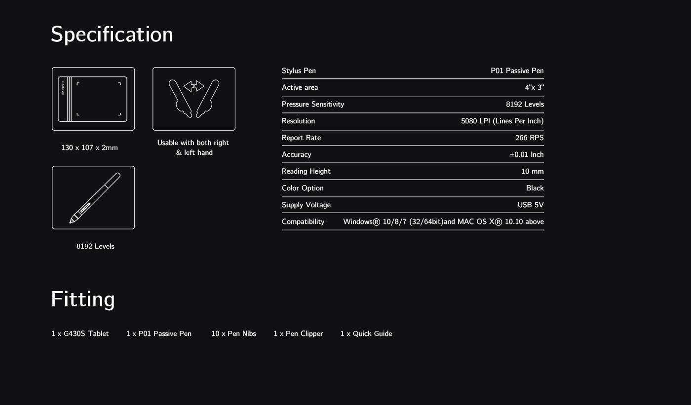 XP-Pen Star G430S kids digital drawing pad Specification